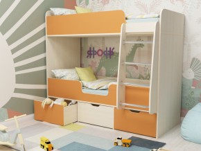 Кровать двухъярусная Малыш двойняшка дуб молочный-оранжевый в Копейске - kopejsk.magazinmebel.ru | фото