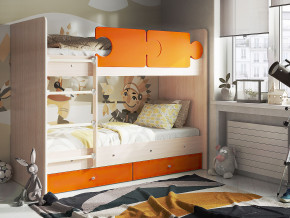 Кровать двухъярусная Тетрис латы с бортиками дуб млечный-оранжевый в Копейске - kopejsk.magazinmebel.ru | фото - изображение 1